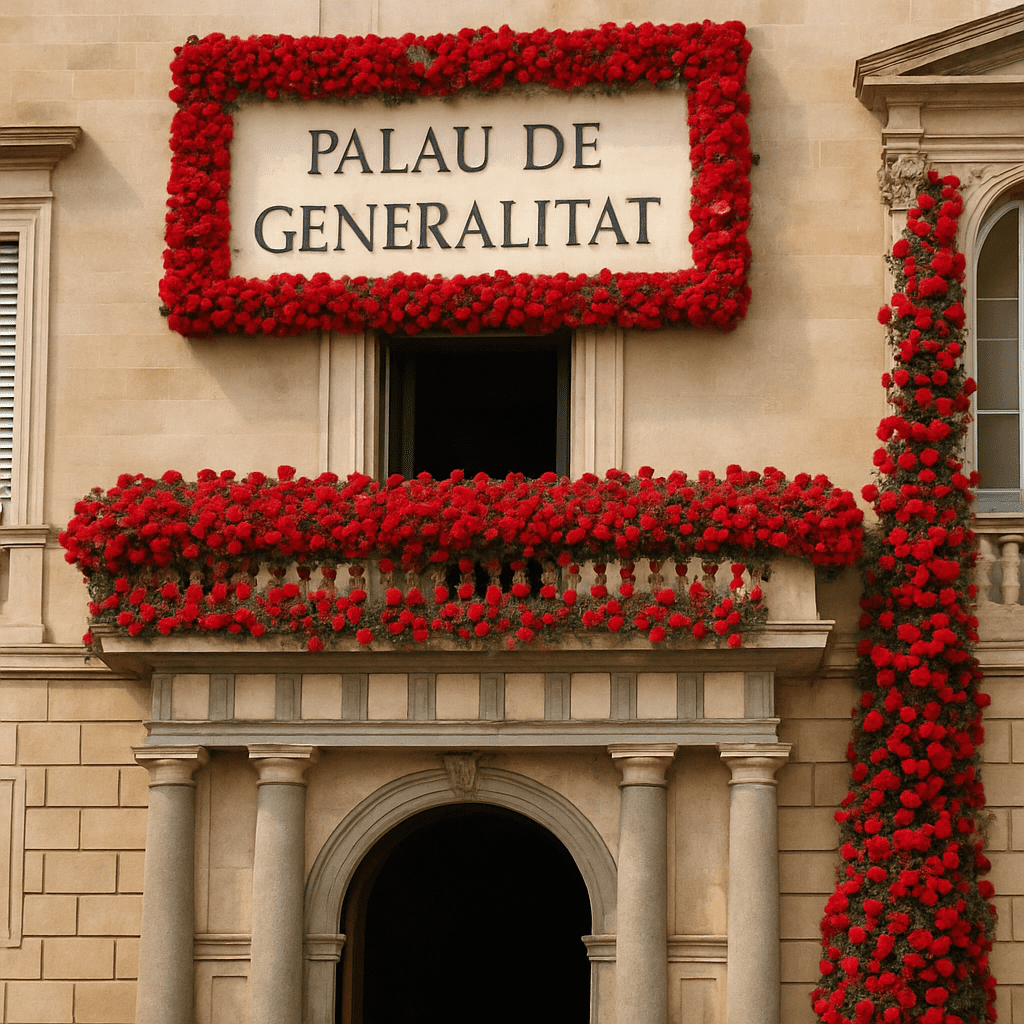 Rote Rosen schmücken den Balkon und die Fassade des Palastes der Generalitat während des Sant-Jordi-Festes