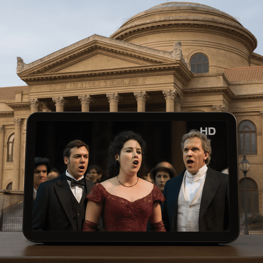 A screenshot mockup of a tablet displaying a high-definition opera stream, shown in contrast with the classical building.
