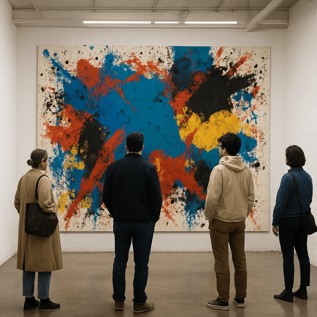 Visitors admiring a large contemporary art installation inside an independent gallery
