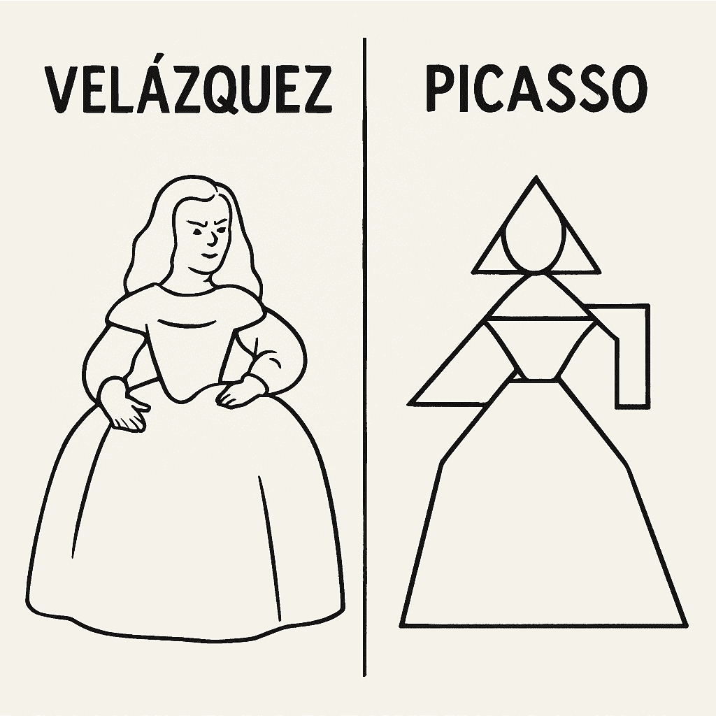Eine einfache schematische Gegenüberstellung (Textbeschreibung) wie Picasso eine Figur aus Velázquez' Original in eine geometrische Form verwandelte.