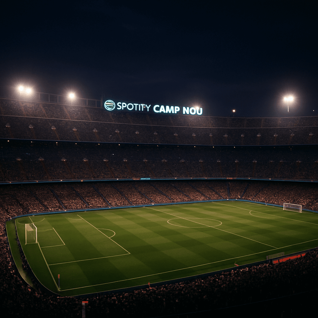 An impressive image of the Spotify Camp Nou at night
