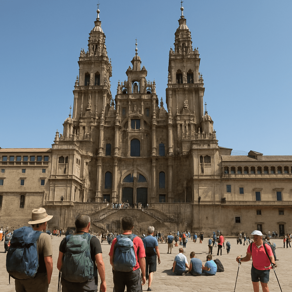Pilger und Besucher vor der Kathedrale von Santiago de Compostela