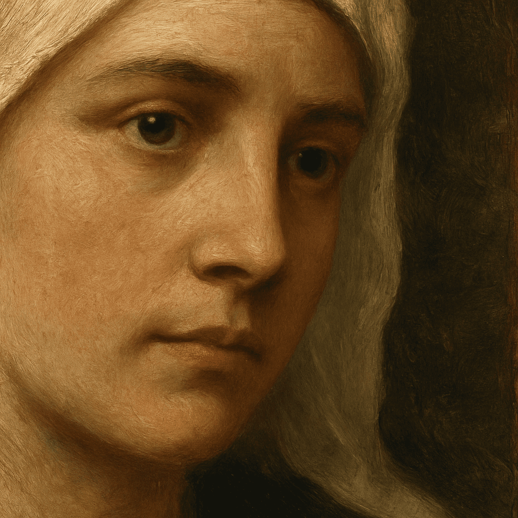 Nahaufnahme von Pinselstrichen eines frühen realistischen Werks (wie 'Wissenschaft und Nächstenliebe'), um die Detailgenauigkeit zu zeigen.