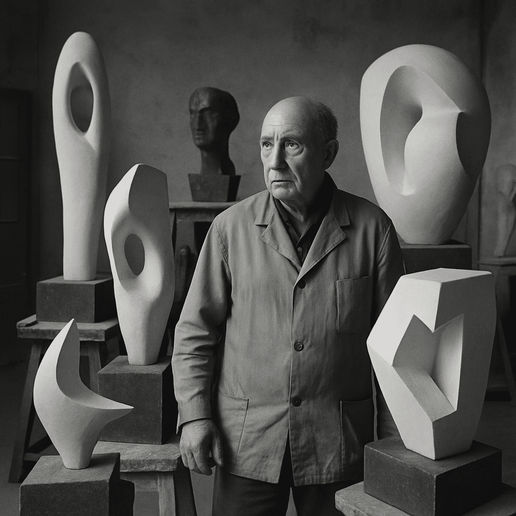 Pablo Serrano in his studio, surrounded by his sculptures