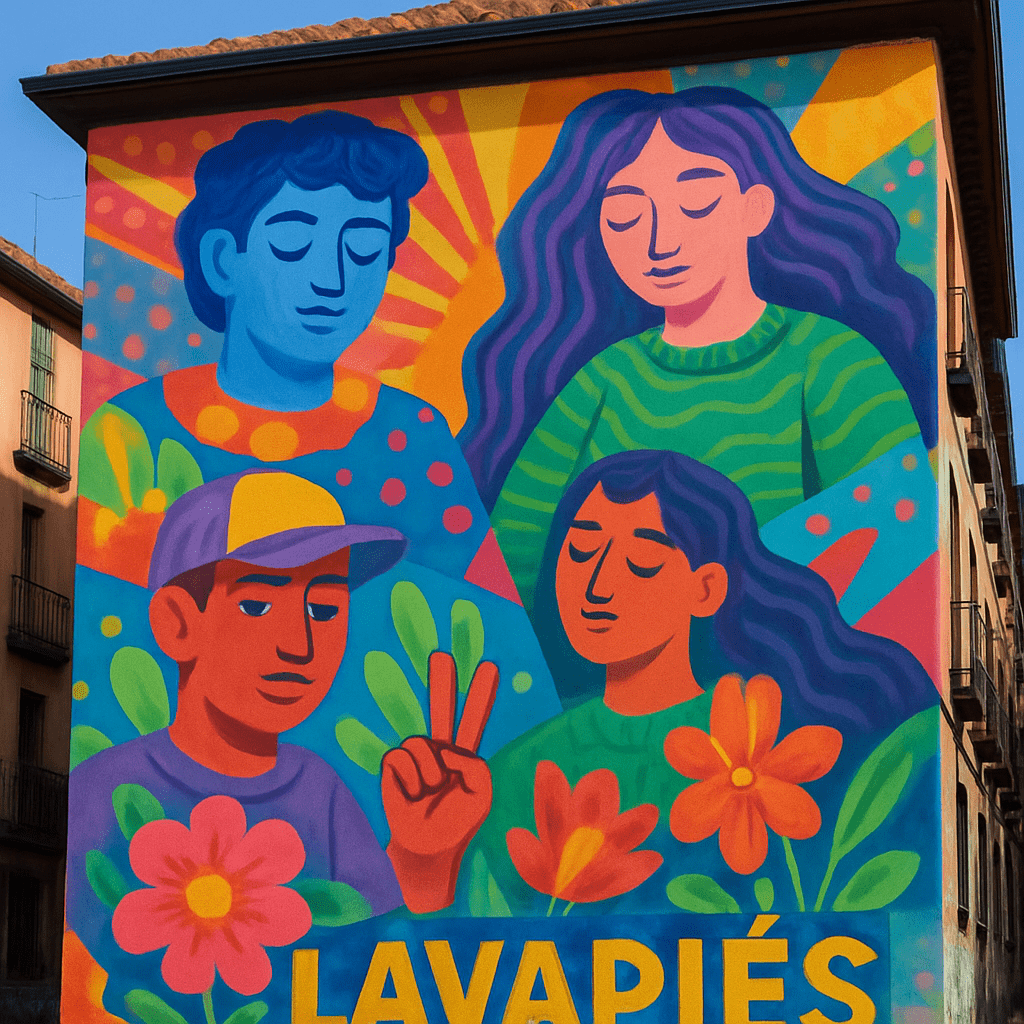 Vibrant street art mural on a building in the Lavapiés neighborhood