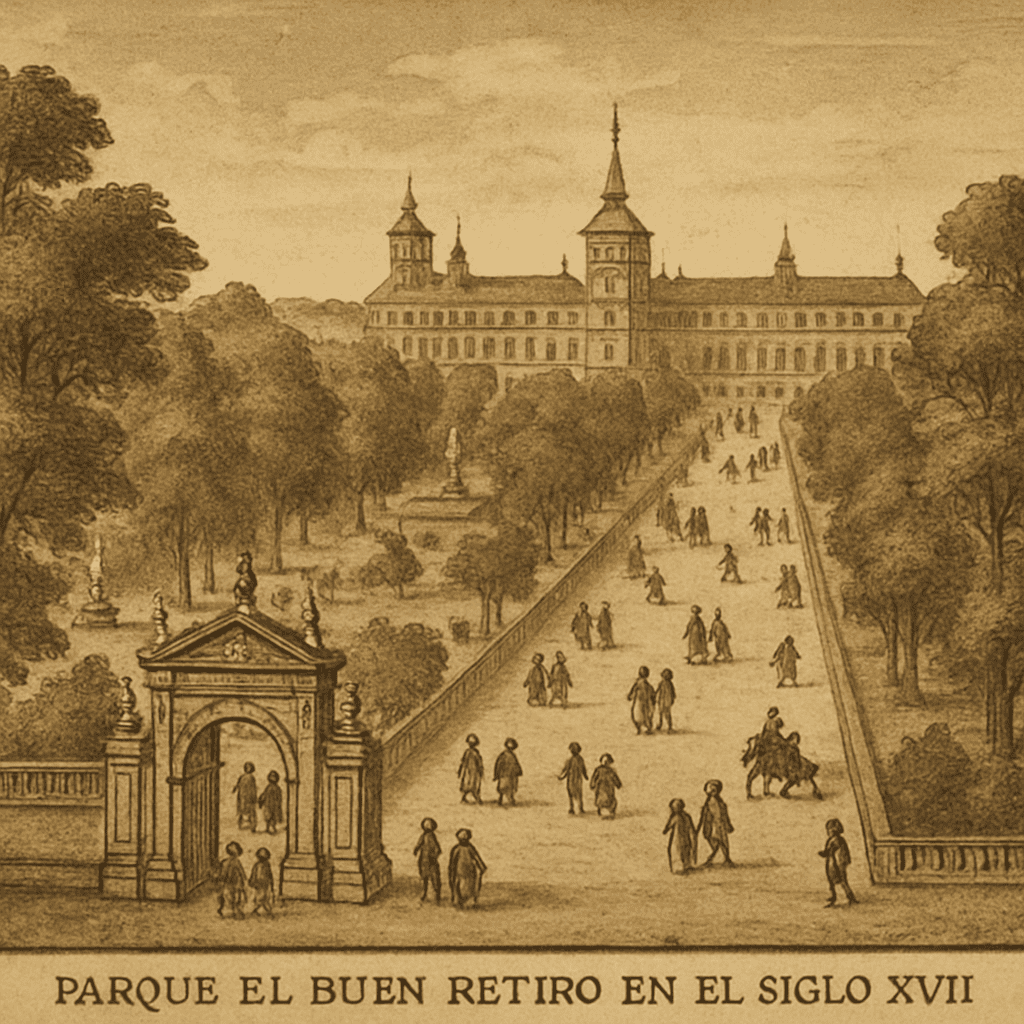 Historical depiction of El Buen Retiro Park in the 17th century