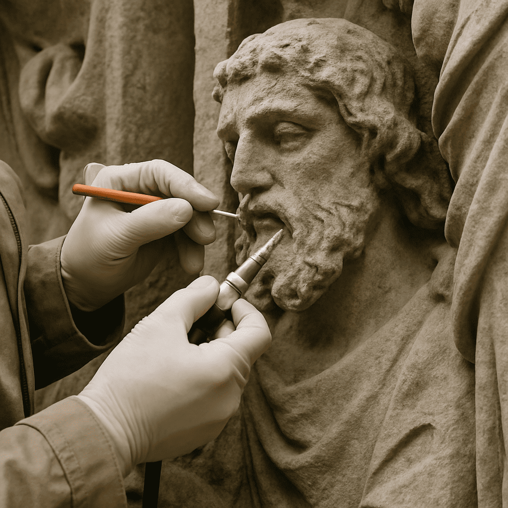 Close-up of a restorer working on stone or using specialized tools on the monument's sculptures.