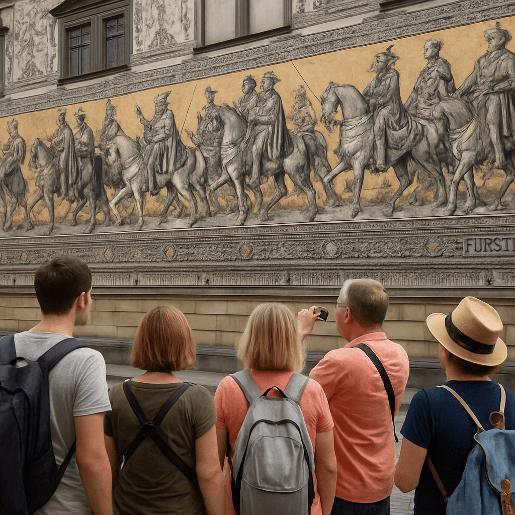 Touristen betrachten den Fürstenzug in der Dresdner Altstadt