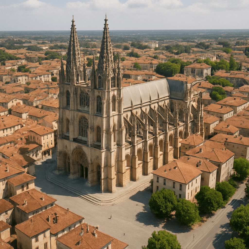 An aerial view of the cathedral and its surroundings