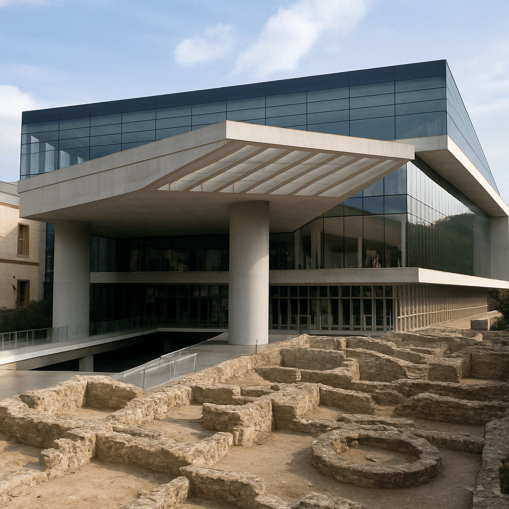 Modern architecture of the museum surrounding the old ruins