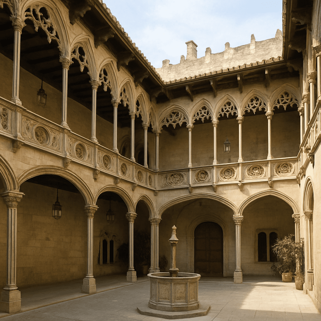 Blick in den wunderschönen gotischen Innenhof des Palau de la Generalitat mit seinen kunstvollen Galerien