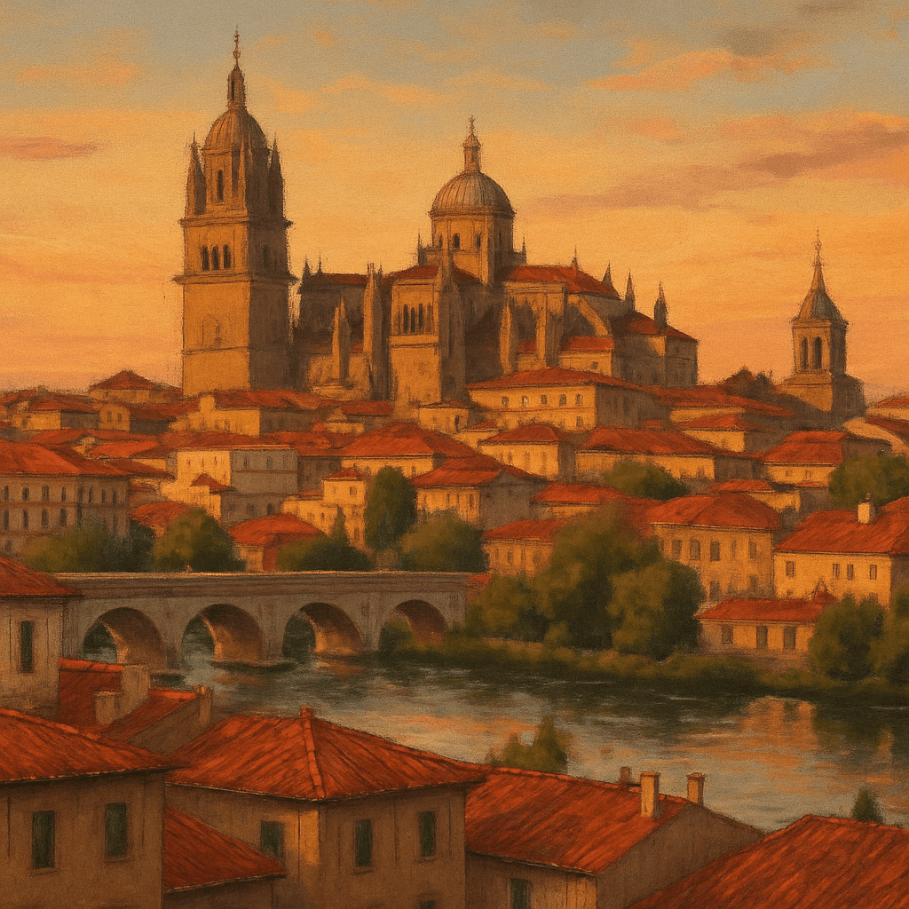 Blick auf die Altstadt von Salamanca bei Sonnenuntergang