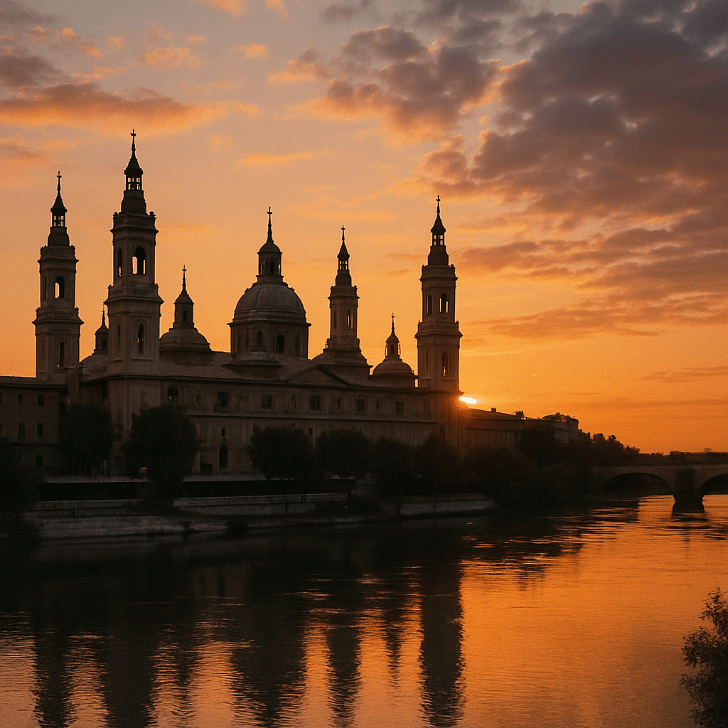 View of the Basilica of Our Lady of the Pillar at sunset