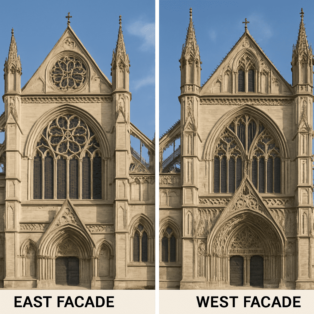 A comparison/collage of the two facades (East and West) clearly showing different decorative elements.
