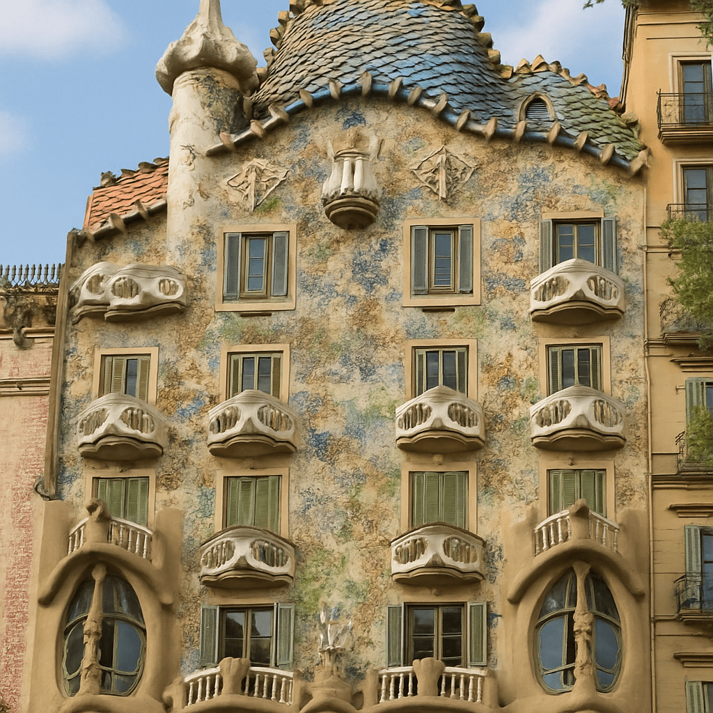The façade of Casa Batlló, featuring colorful mosaics and undulating shapes