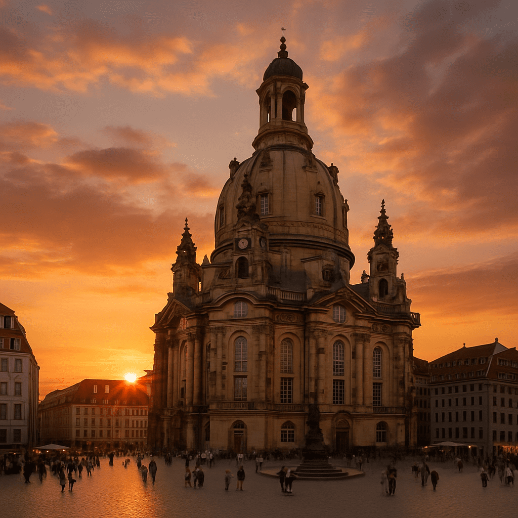 Die Frauenkirche am Neumarkt in Dresden bei Sonnenuntergang