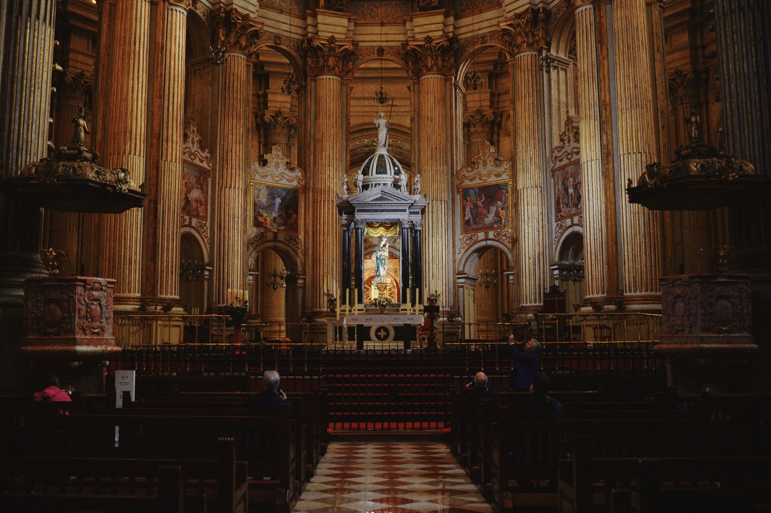 Interior of the Málaga Cathedral with choir stalls and organ