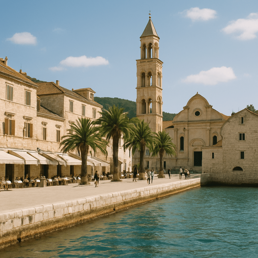 Blick auf die historische Architektur entlang der Uferpromenade in Hvar