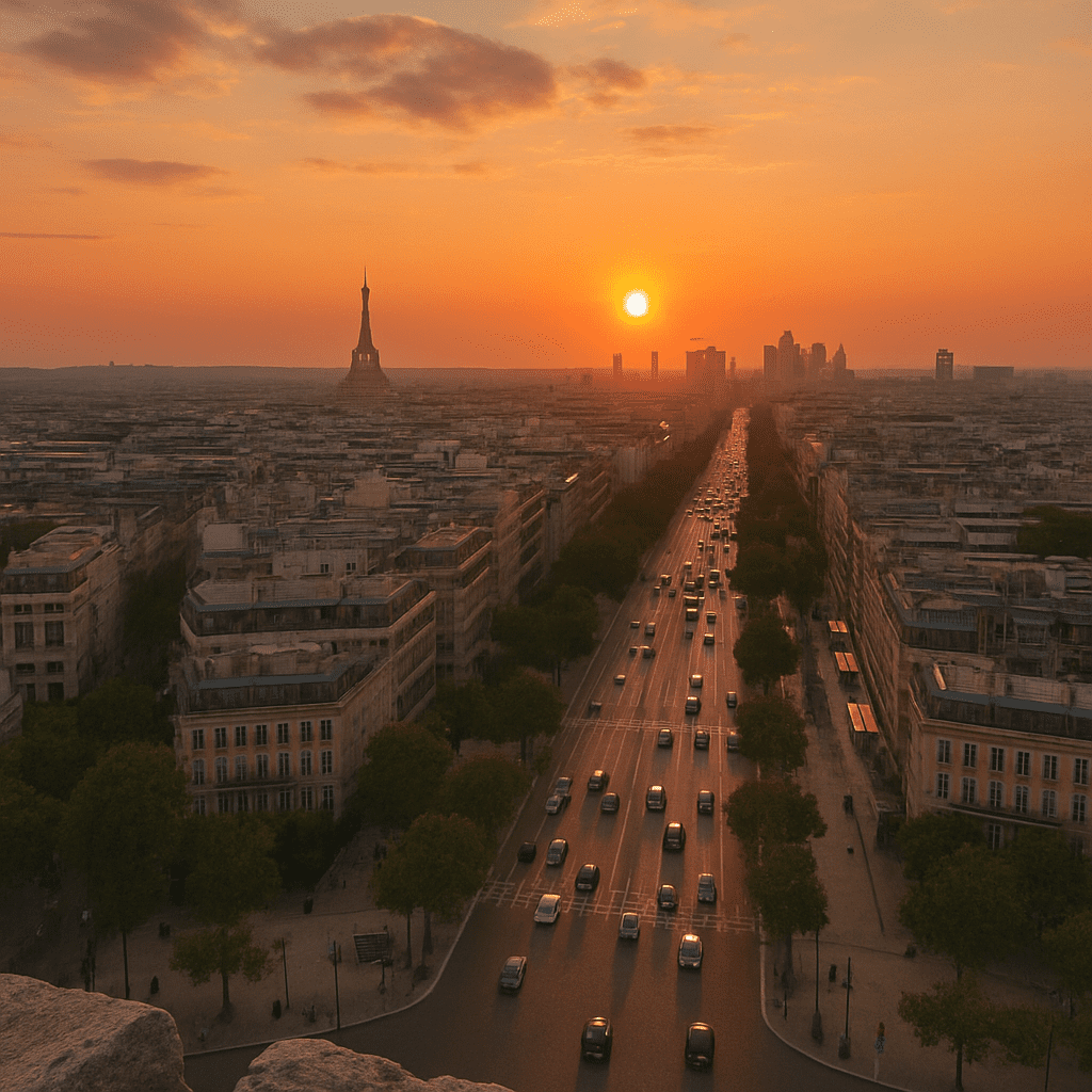 View from the Arc de Triomphe of the streets of Paris at sunset