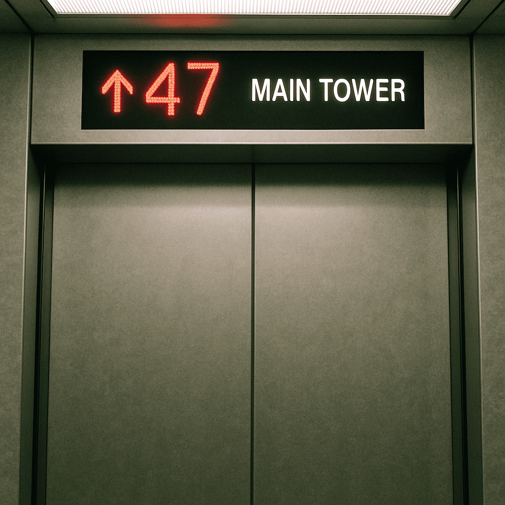 Fahrt im High-Speed-Aufzug mit Stockwerksanzeige im Main Tower