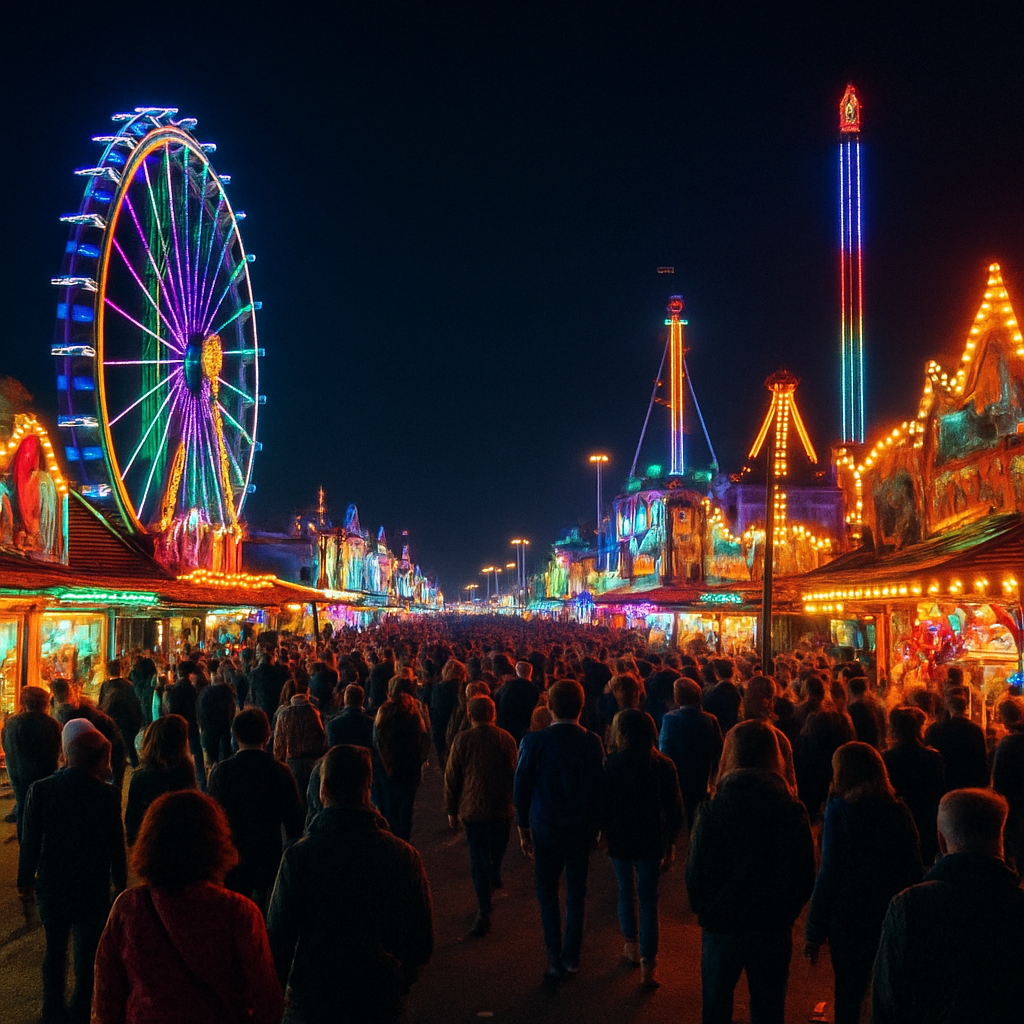 Lively exhibition grounds at night with colorful lights and crowds