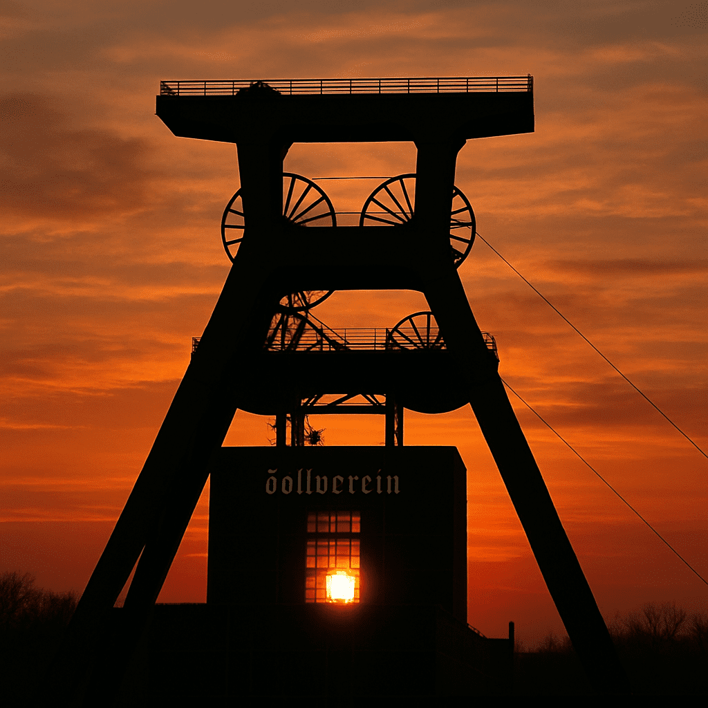 Zeche Zollverein Fördergerüst bei Sonnenuntergang