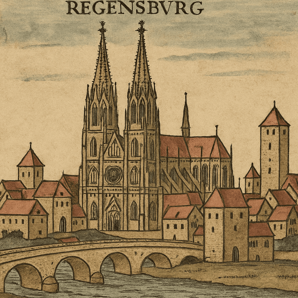 Historical depiction of the cathedral in medieval Regensburg