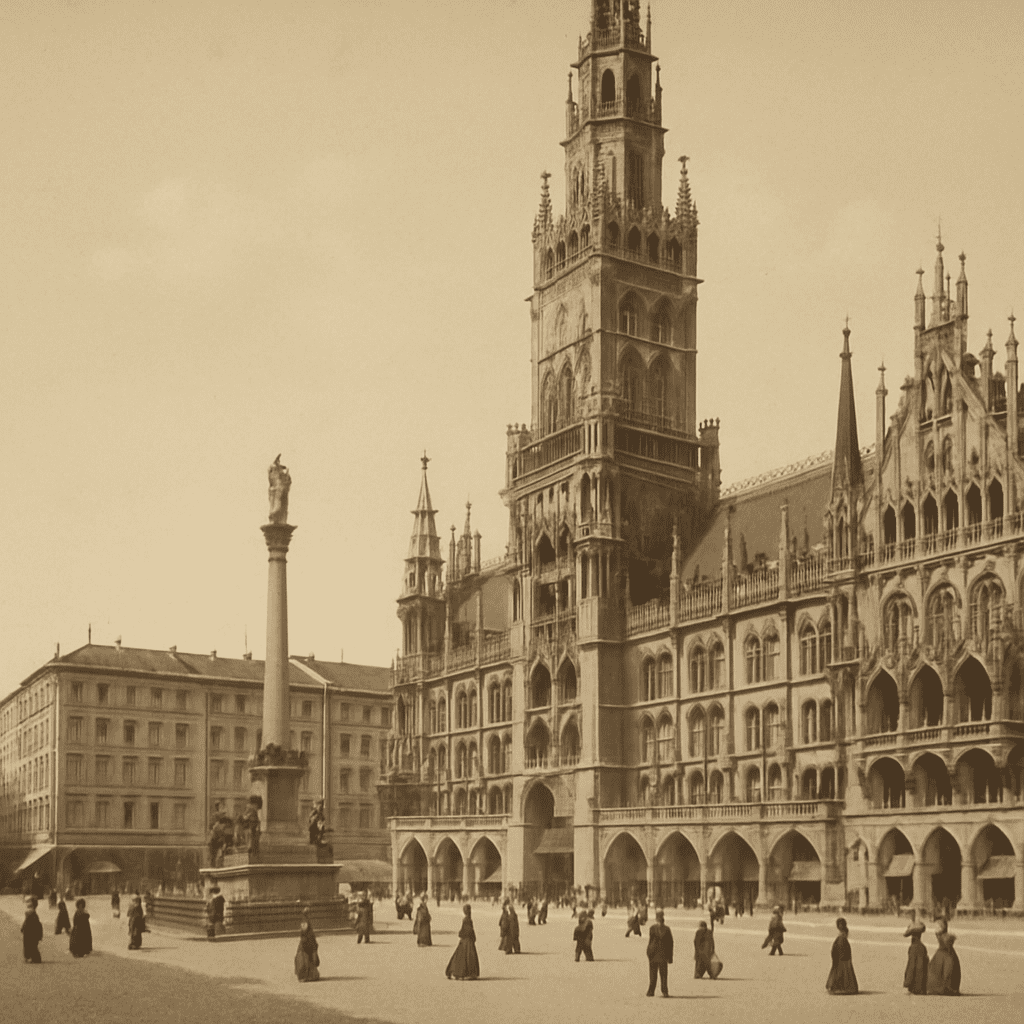 Historische Ansicht des Marienplatzes mit Neugotischem Rathaus