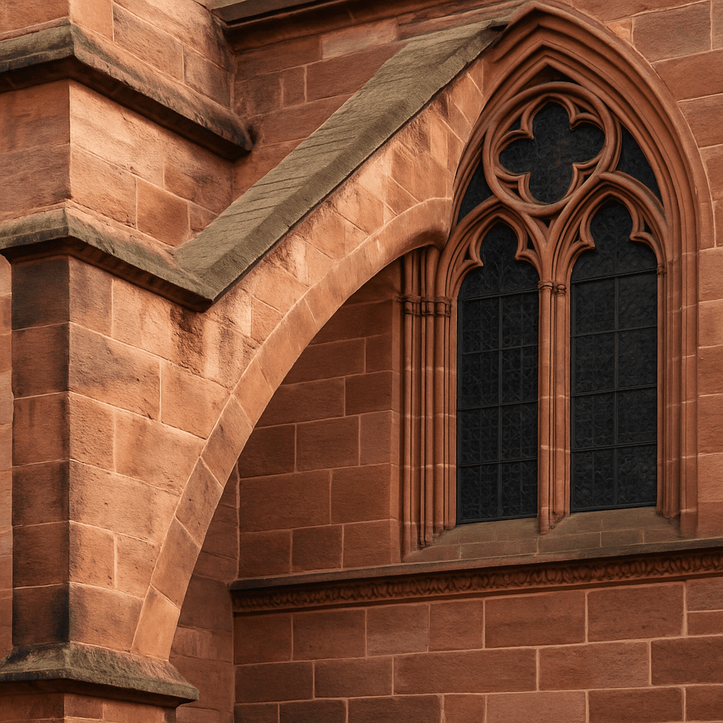 Nahaufnahme eines Strebewerks am Freiburger Münster, die den Steinarm zeigt, der sich gegen die Hauptmauer lehnt.