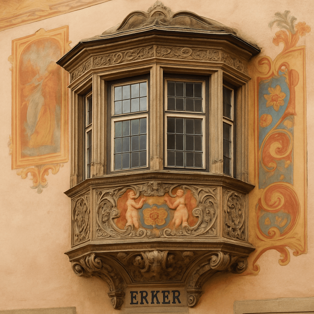 Nahaufnahme eines traditionellen Erkers mit kunstvollen Schnitzereien und Freskendetails an einer pastellfarbenen Fassade.