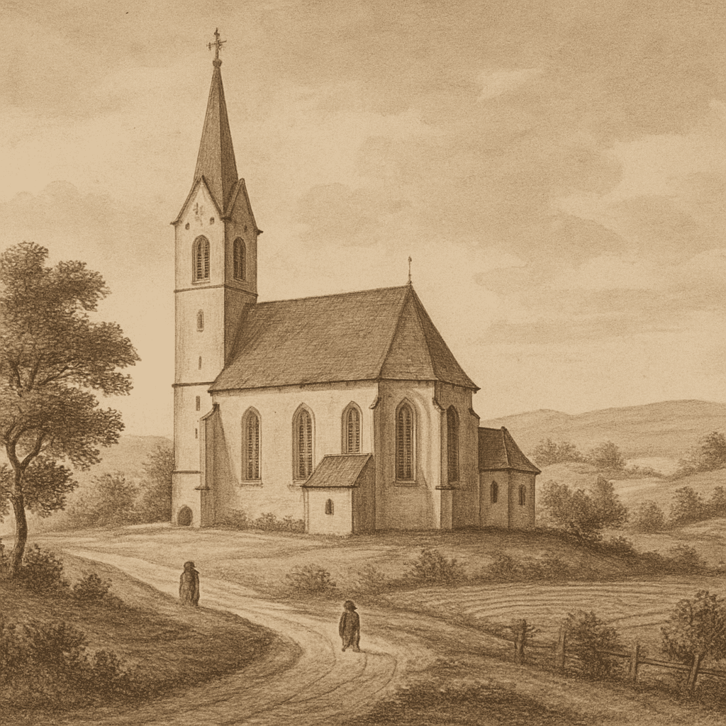 Historic view of the parish church with surrounding landscape