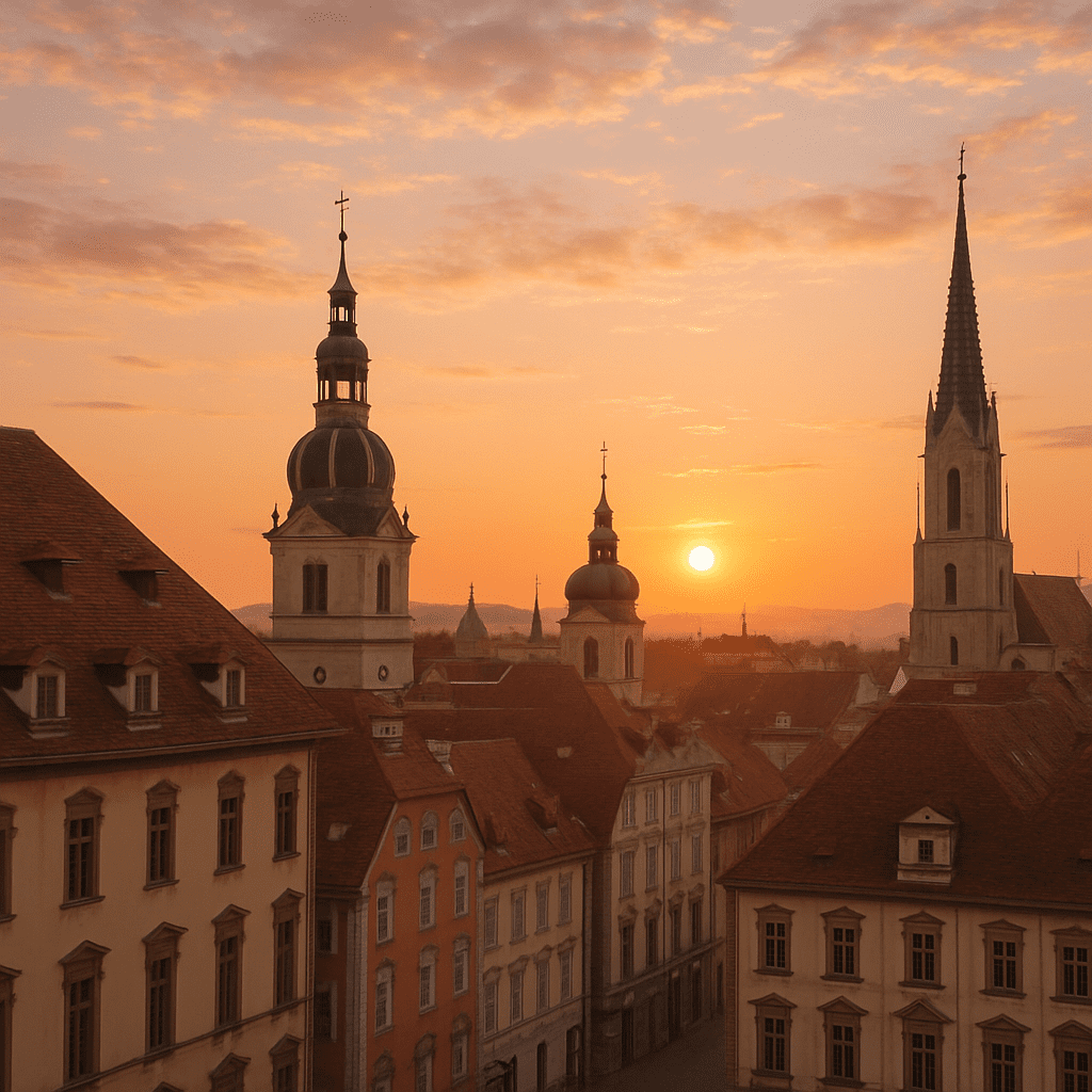 Historic buildings of Graz Old Town at sunset