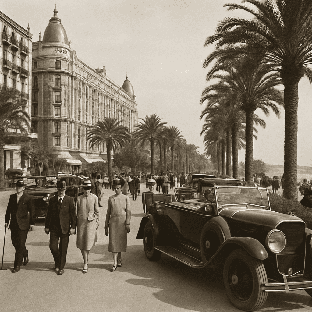 Historic image of Boulevard de la Croisette with luxury cars and well-dressed people