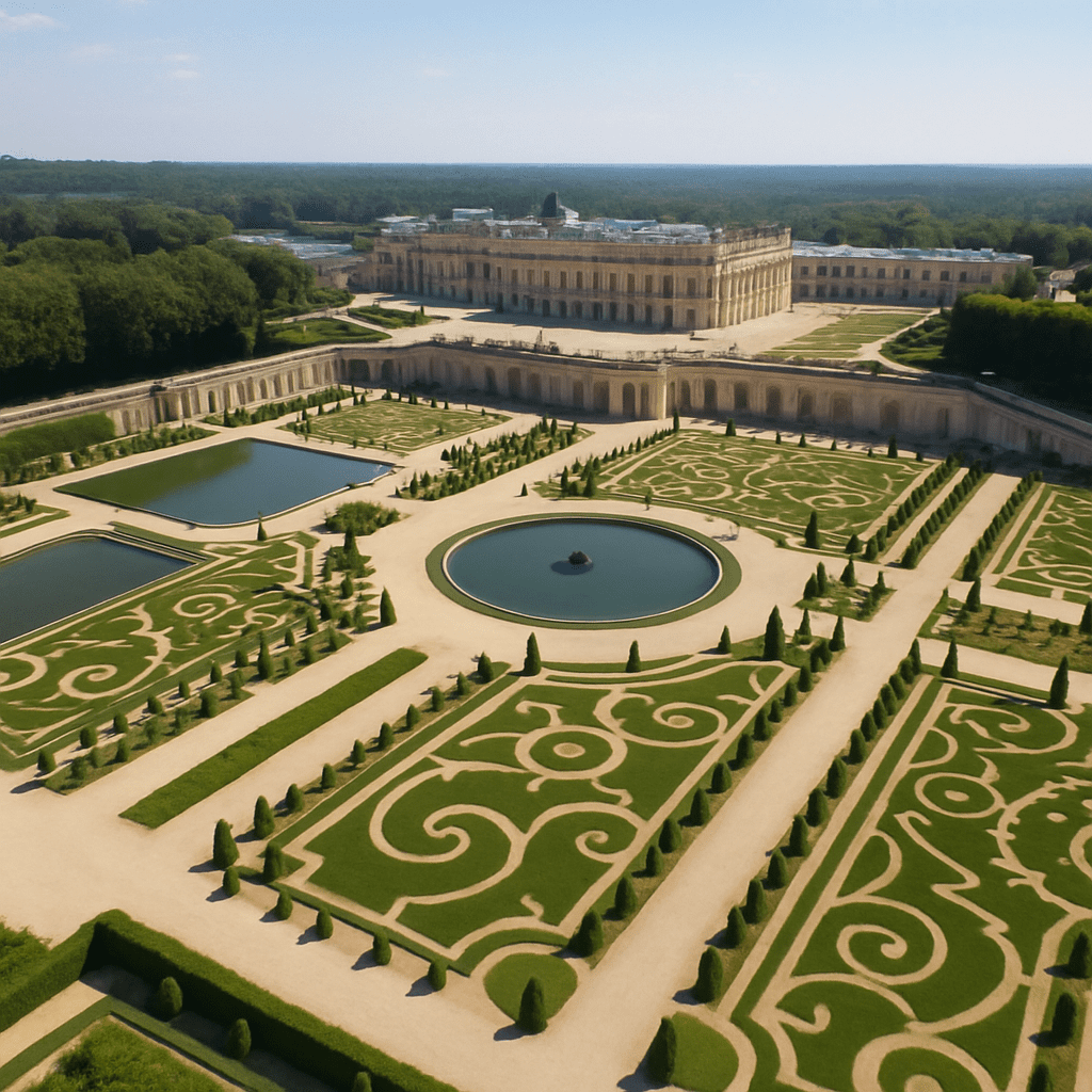 Aerial view of the Gardens of Versailles, looking towards the Palace