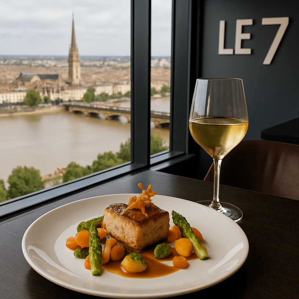 Gourmet dish and a glass of wine at Le 7 restaurant overlooking Bordeaux