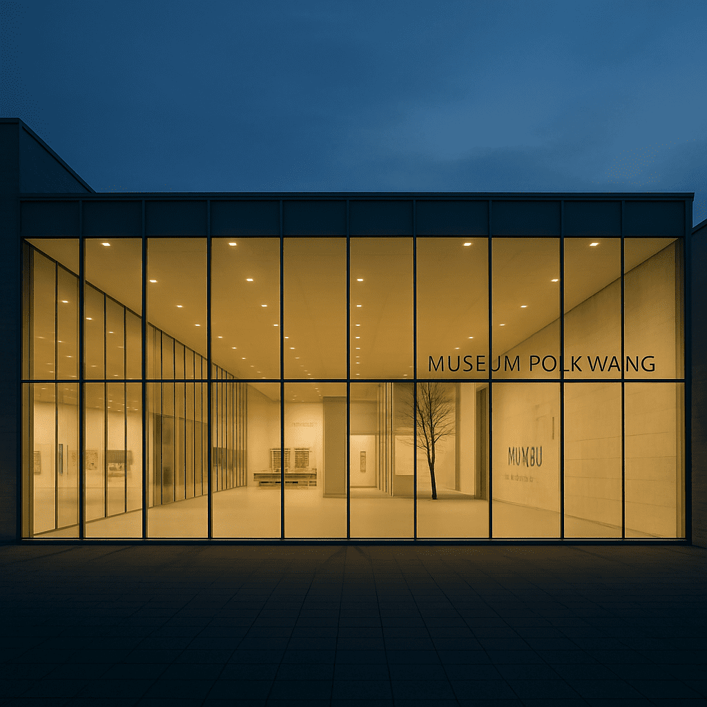 Die moderne Glasfassade des Museum Folkwang von David Chipperfield bei Dämmerung