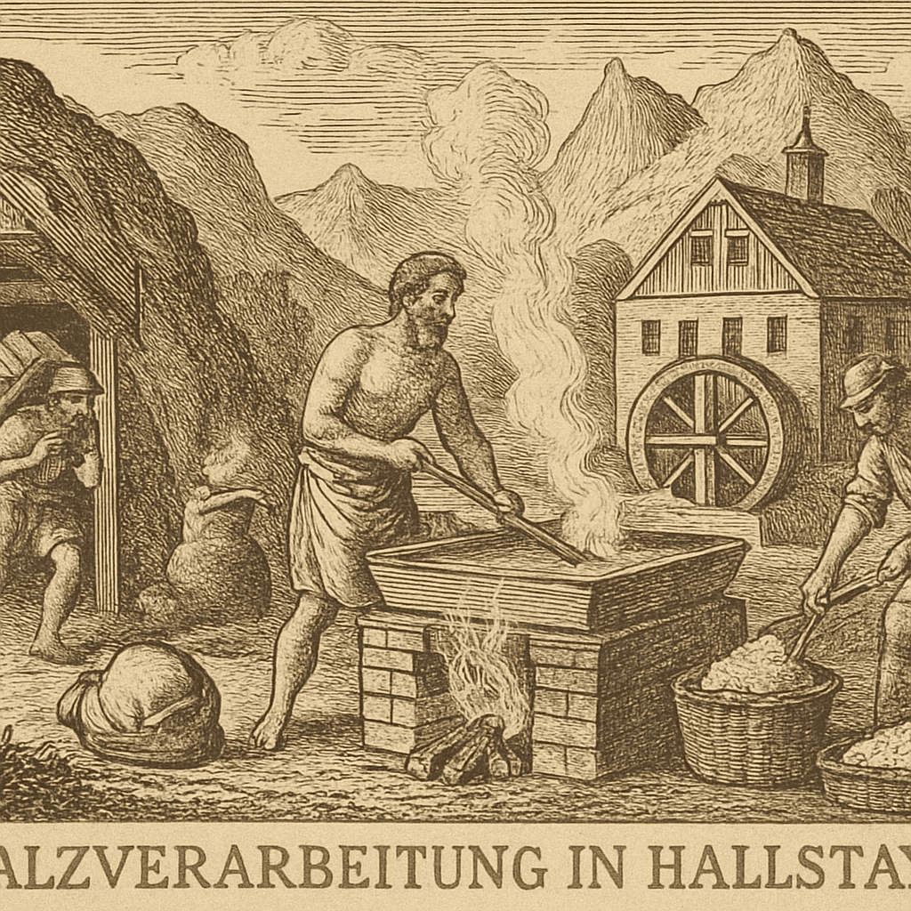 Historical illustration of salt processing in Hallstatt