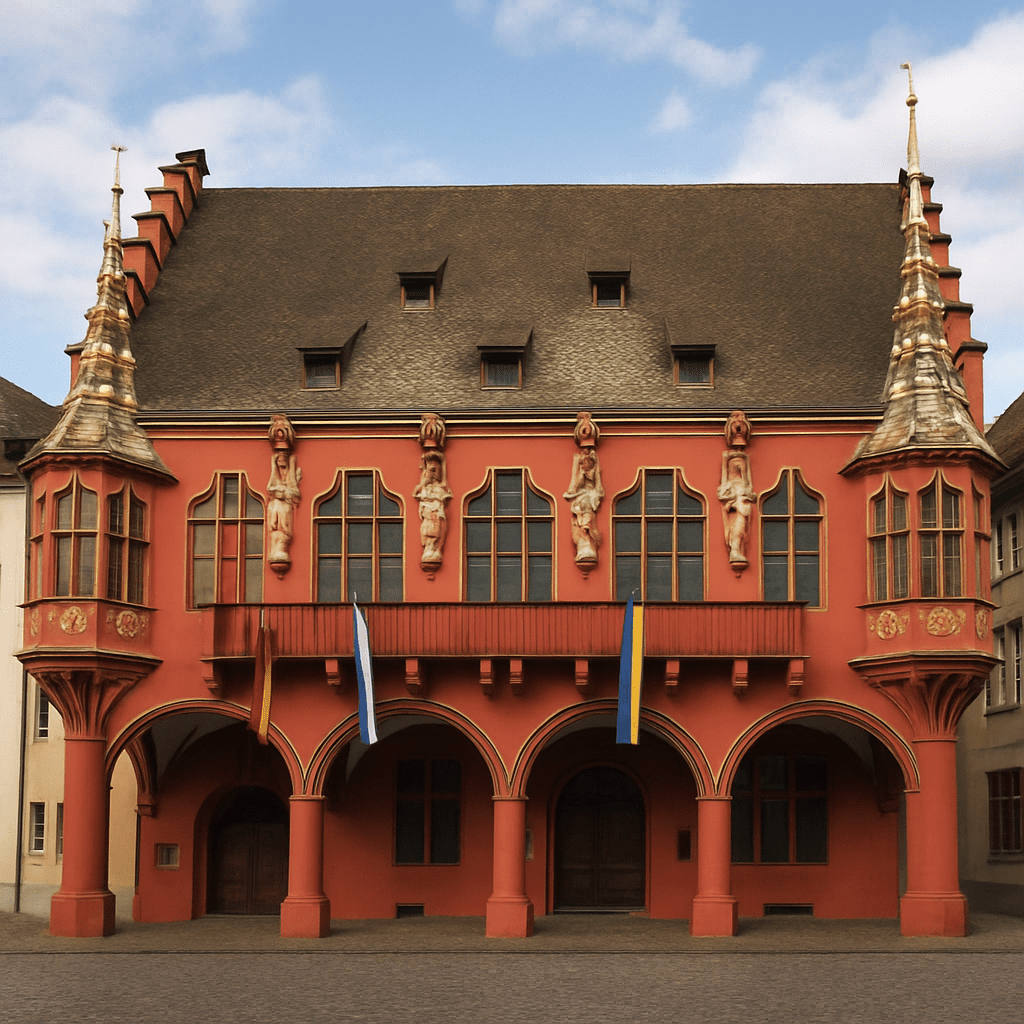 Historisches Kaufhaus in Freiburg mit roter Fassade und Statuen