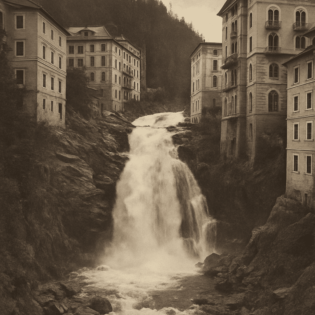 Historic photo of the Bad Gastein waterfall with surrounding buildings