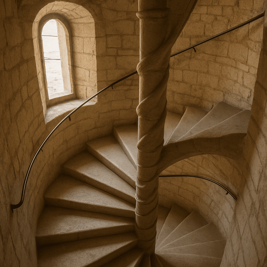 The historic stone spiral staircase inside the tower in Dijon