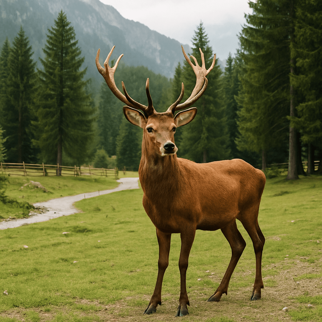 A red deer in the Alpine wildlife park with pines in the background.