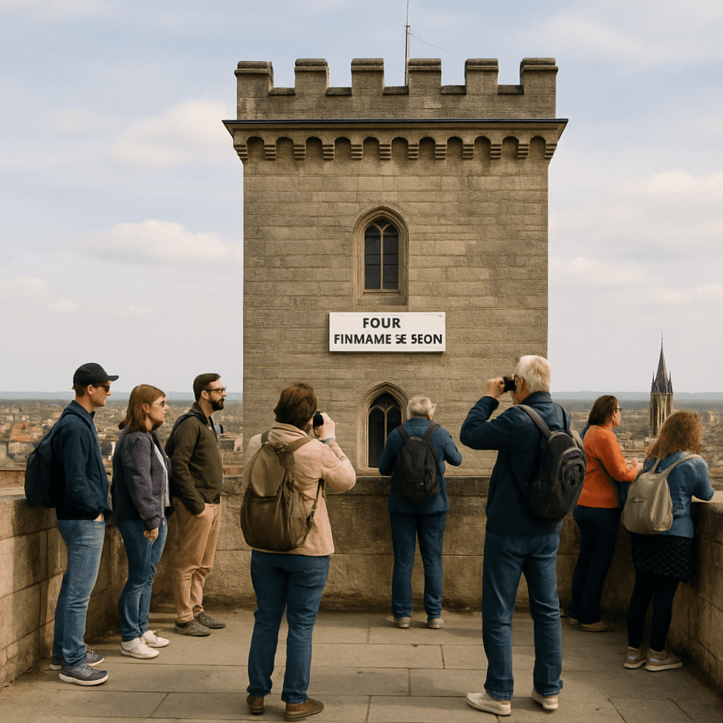 Tourists on the observation deck of the Philippe Le Bon Tower in Dijon