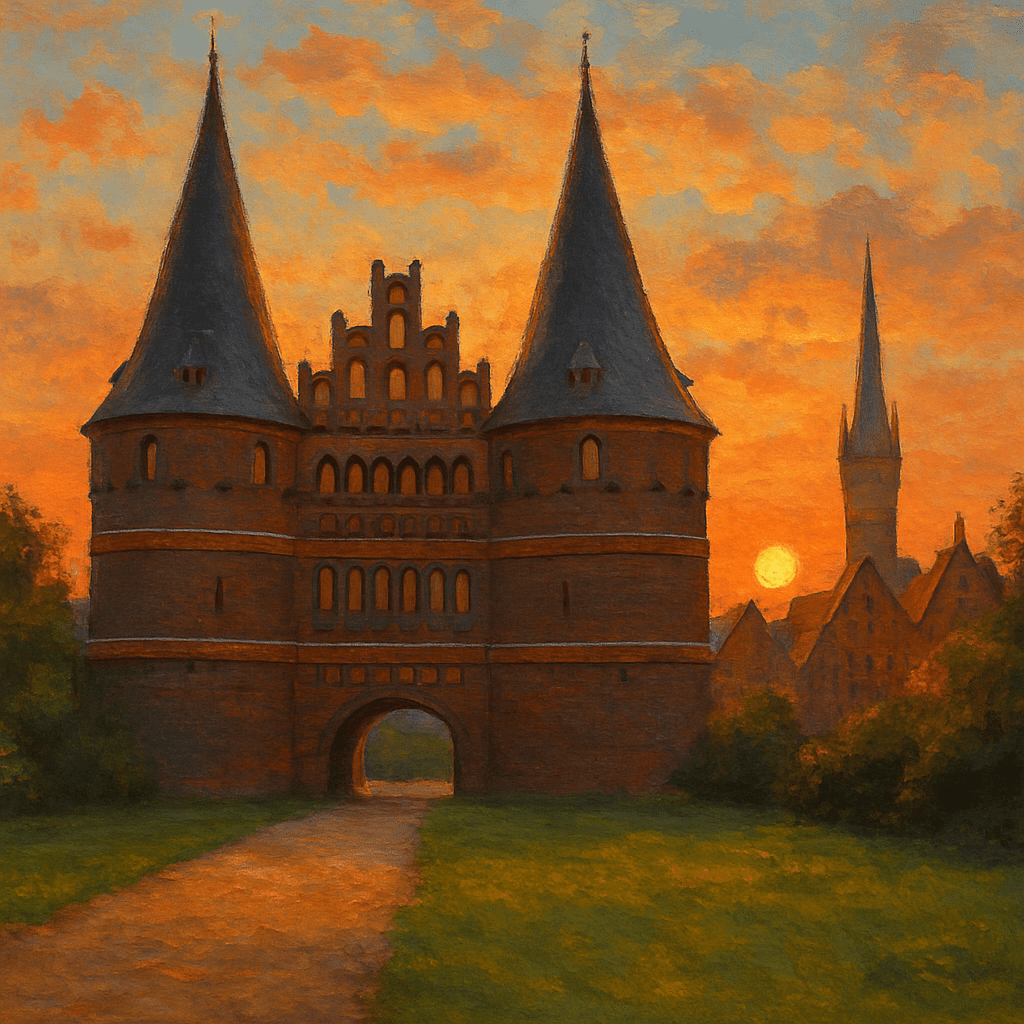 A picturesque view of the Holstentor at sunset
