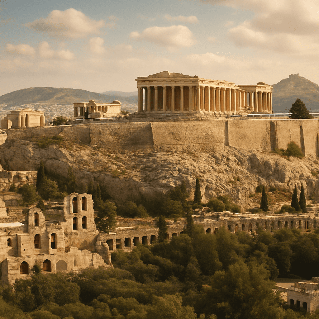 Panoramic view of the Acropolis of Athens with the Parthenon in the foreground