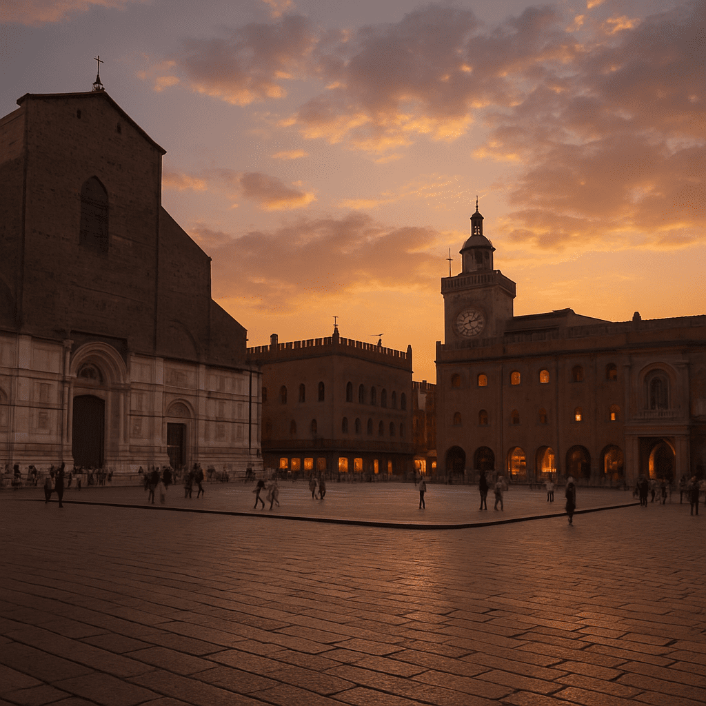 Piazza Maggiore in Bologna at sunset