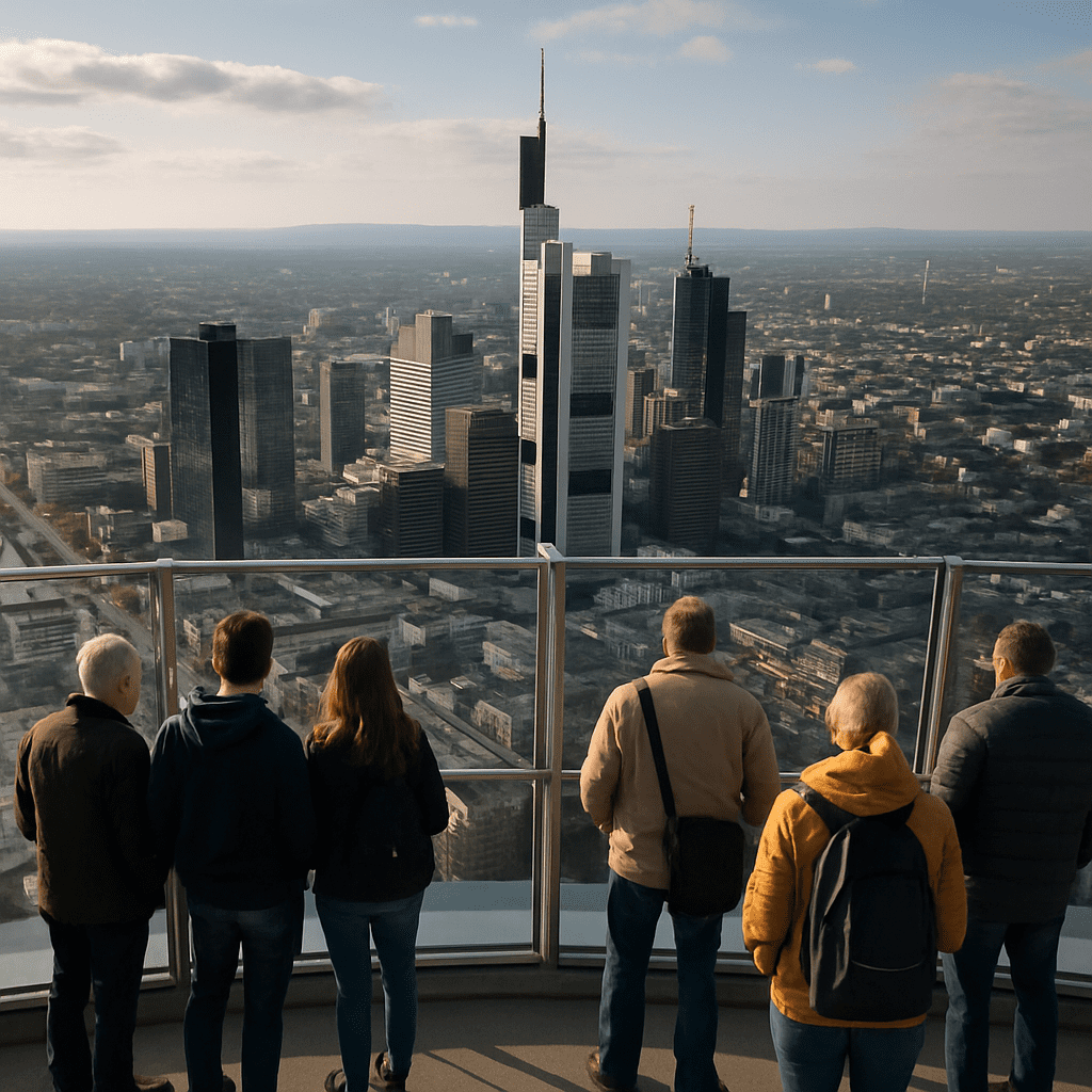 Besucher auf der Aussichtsplattform des Main Towers blicken über die Stadt