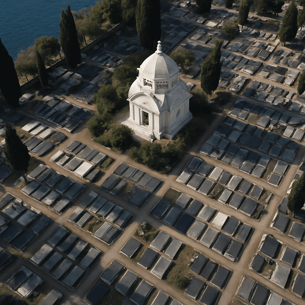Aerial view of the cemetery with the Racic mausoleum in the center