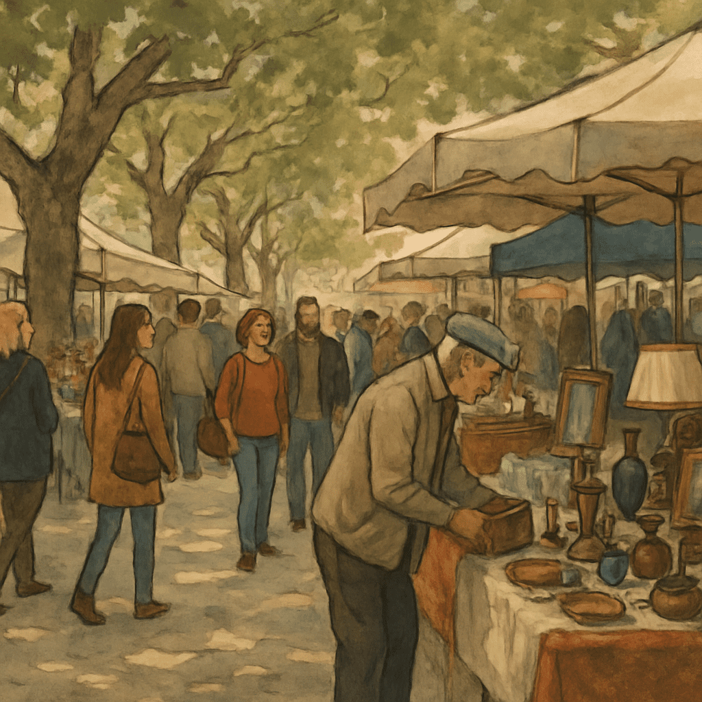 A lively scene of the Sunday flea market with stalls, antiques, and people under the large plane trees of the promenade.
