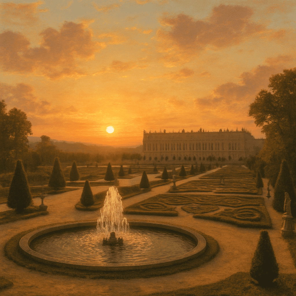 The majestic Gardens of Versailles at sunset
