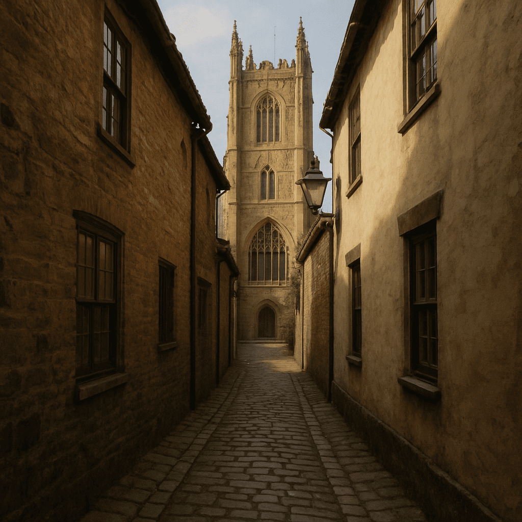 Eine schmale, gepflasterte Gasse zwischen zwei historischen Gebäuden, die vom Haupteinkaufsweg weg zum Kirchturm führt.